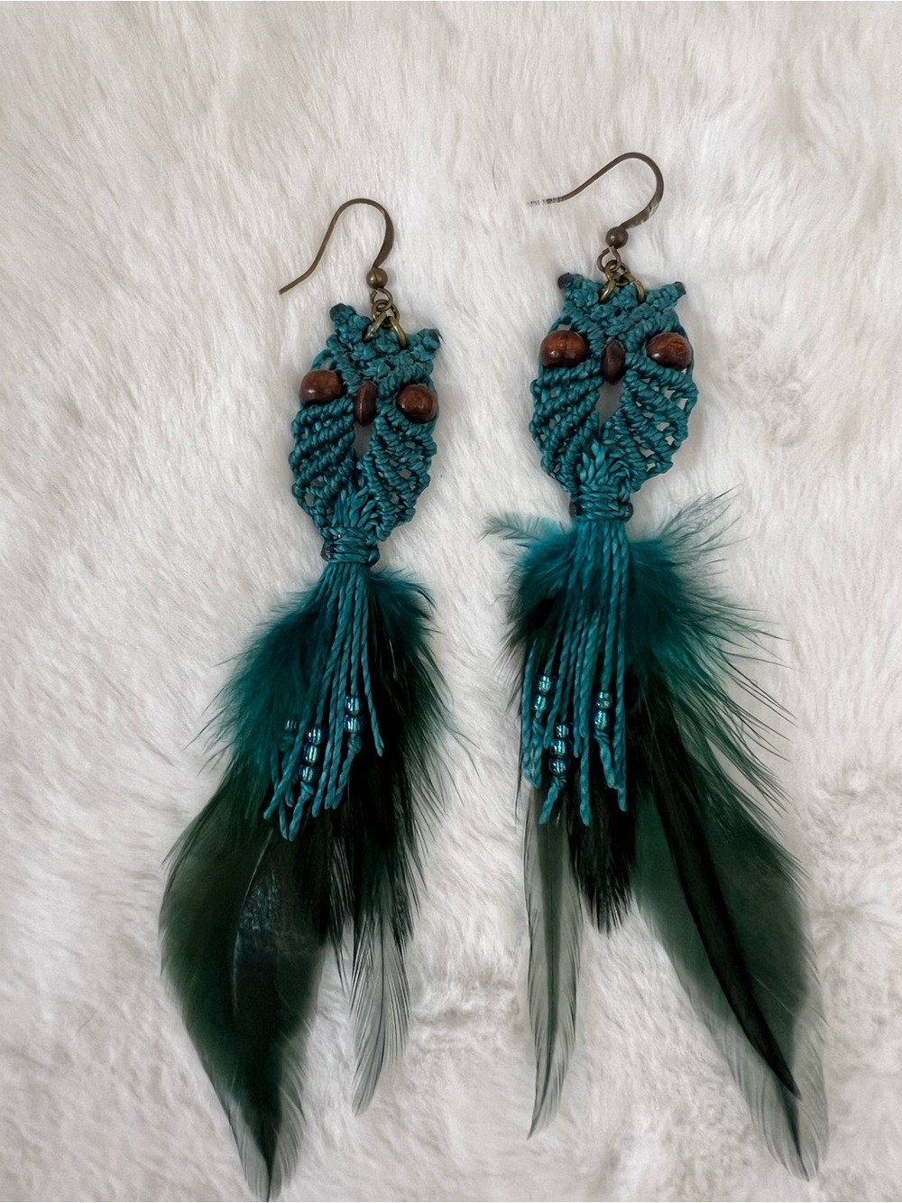 Handmade Teal Feather Macramé Owl Earrings